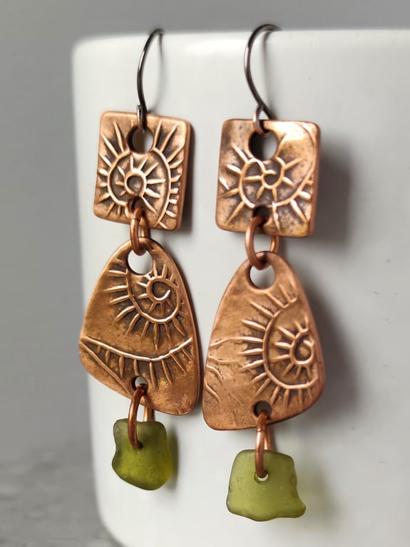 Copper and seaglass double drop earrings, unique earrings, recycled material