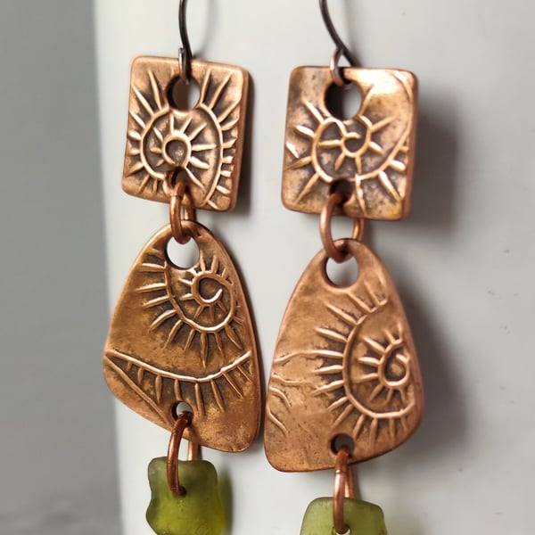 Copper and seaglass double drop earrings, unique earrings, recycled material
