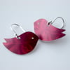 Bird earrings in plum and red with leaf print 