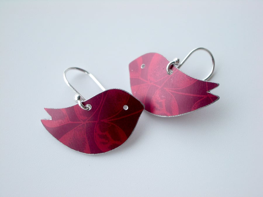 Bird earrings in plum and red with leaf print 