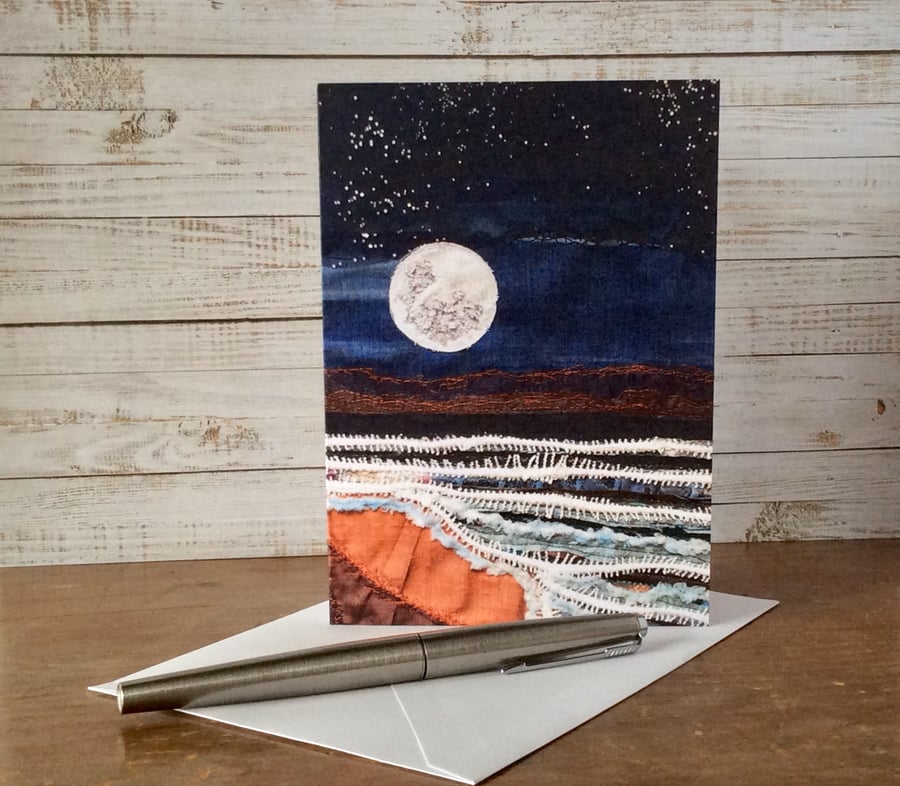 Full moon seascape embroidery printed greetings card.  