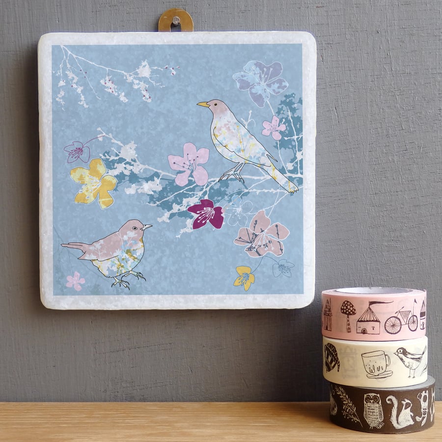Blackbirds and Blossom Marble Wall Art