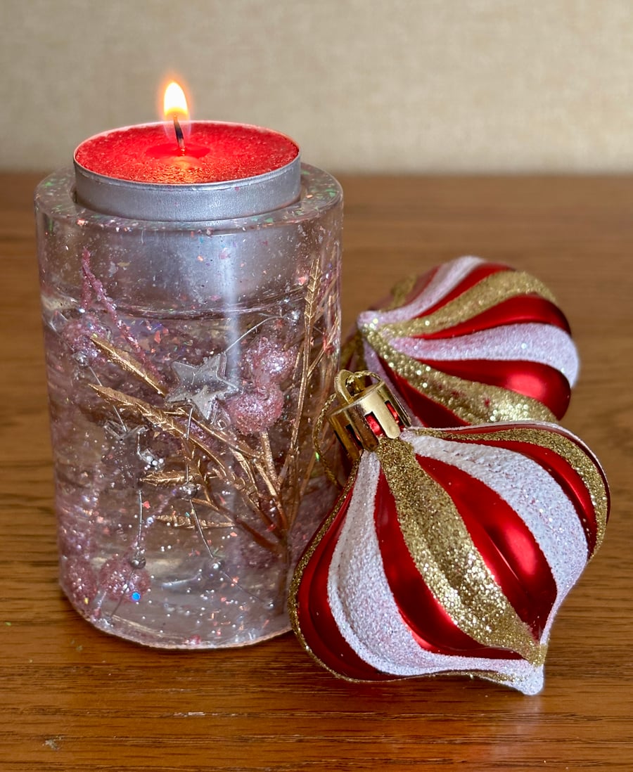 Christmas T-Light Holder Pink Glitter Branches, Berries, Gold Leaves And Stars