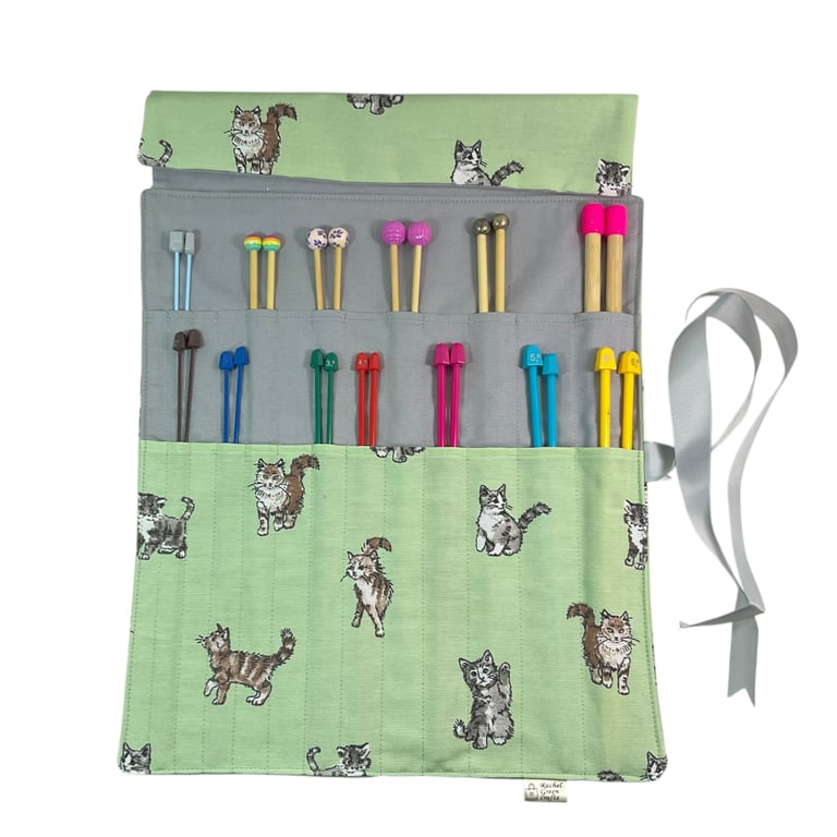 Straight knitting needle case with cats ,needle roll ,needle case, needle pouch