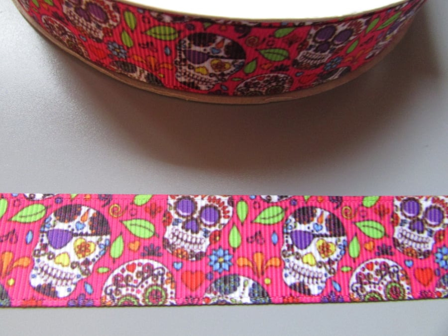 Pink Sugar Skull Calaveras Day of the dead Grosgrain Ribbon x 1 metre