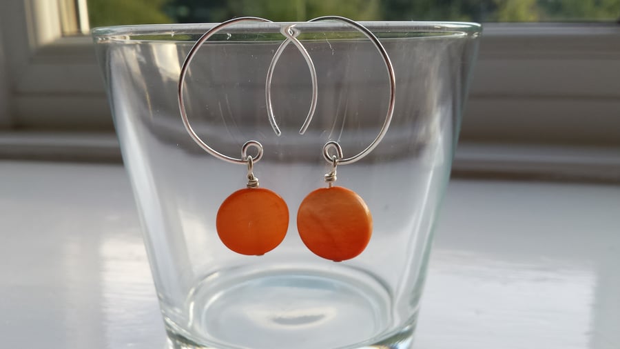 Orange Shell Disc and Hoop Earrings
