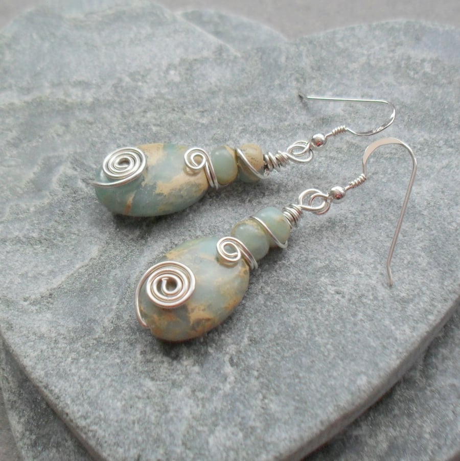 Sterling Silver Earrings With Snakeskin Jasper Semi Precious Gemstones