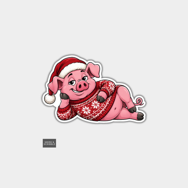 Funny Christmas Sticker Vinyl Xmas Decal For Adults - Lounging Pig In Santa Hat