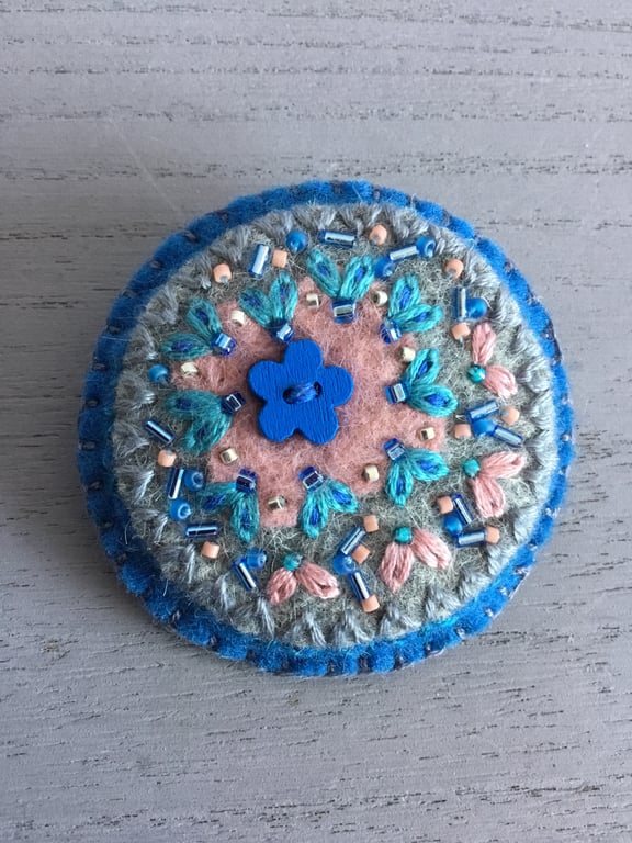 Hand Embroidered Sapphire Blue Brooch