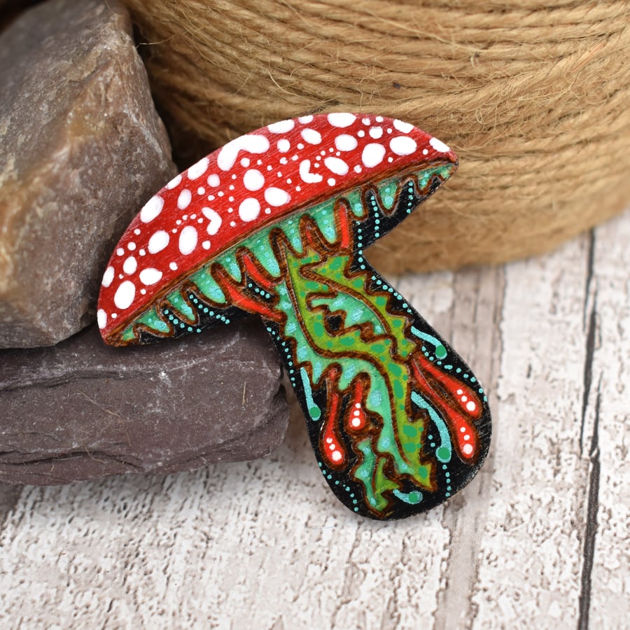 Red pyrography shroom jelly brooch. Unusual Toadstool jellyfish pin.