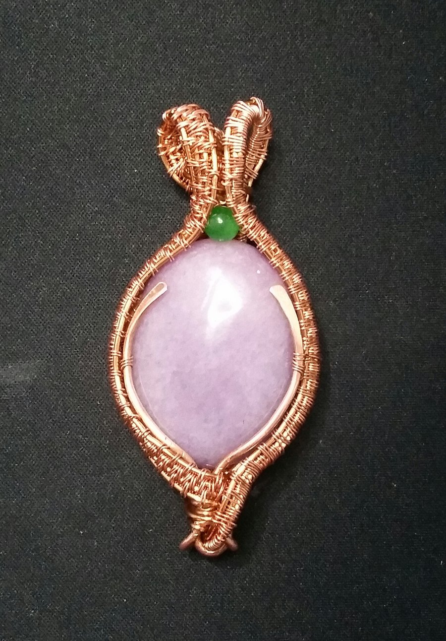 Lilac Purple Stone with Green Cat’s Eye Wrapped Copper Wire Necklace