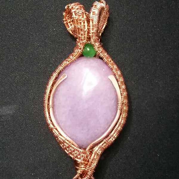 Lilac Purple Stone with Green Cat’s Eye Wrapped Copper Wire Necklace