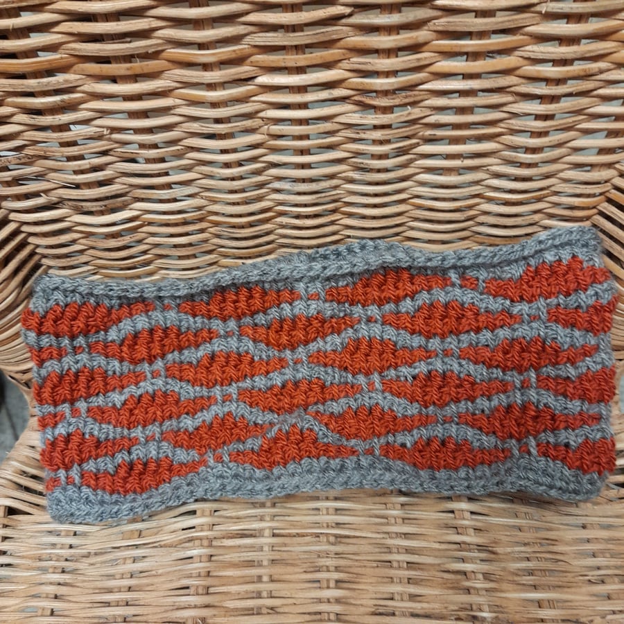 Tunisian crochet ear warmer headband grey and orange