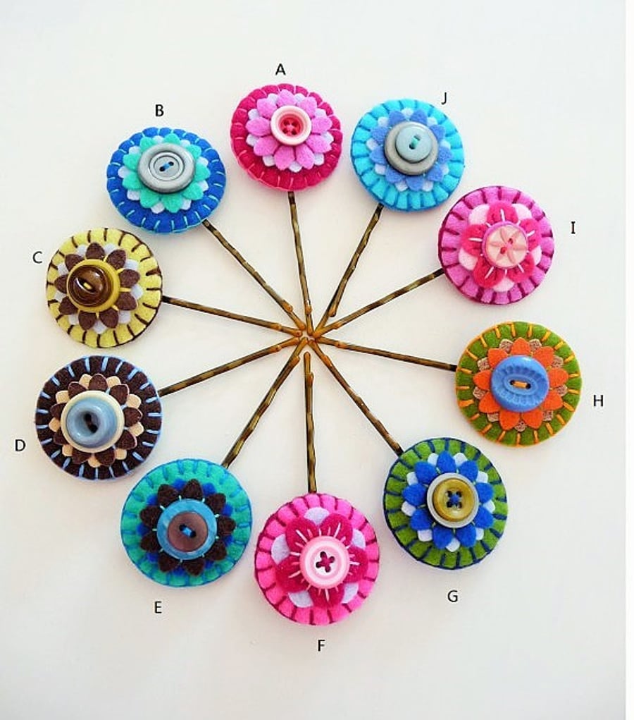 A Pair Of Handmade Flower design Felt Bobby Pins - choose your own color