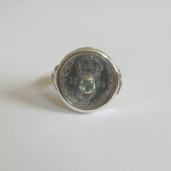 1921 threepence ring set with blue sapphire