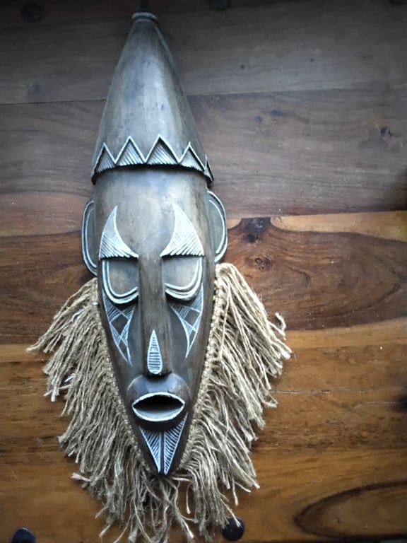 Vintage Fibre Fringe Carved Guardian Mask – Sculptural Wall Art