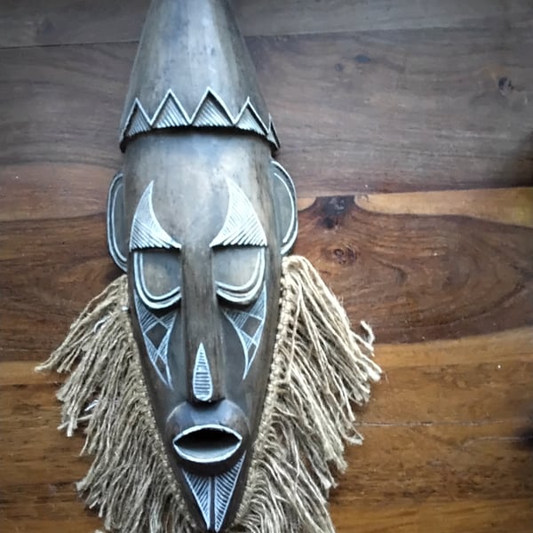 Vintage Fibre Fringe Carved Guardian Mask – Sculptural Wall Art