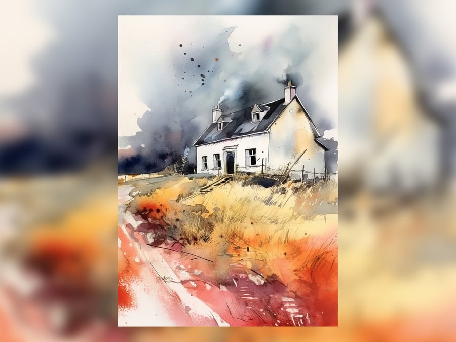 Serene Farmhouse, Watercolor Painting Print, Rustic Art, Country Decor 5x7