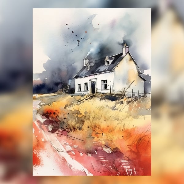 Serene Farmhouse, Watercolor Painting Print, Rustic Art, Country Decor 5x7