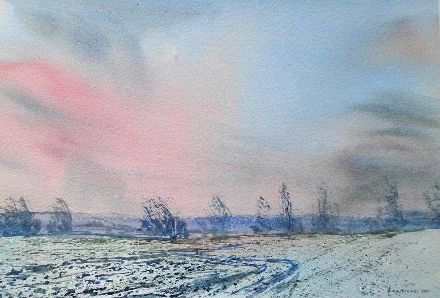 Winter morning (PURE ORIGINAL WATERCOLOR A4 size), watercolor, winter painting, 