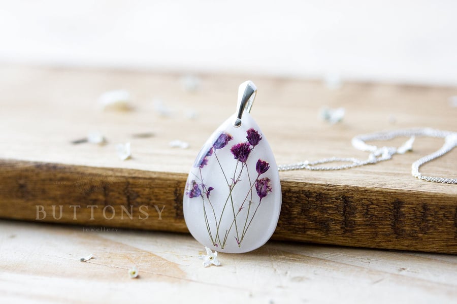 Pressed Flower Necklace Purple Gypsophila Teardrop Baby Breath Necklace Gifts fo