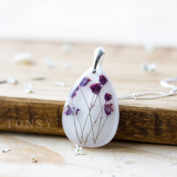 Pressed Flower Necklace Purple Gypsophila Teardrop Baby Breath Necklace Gifts fo