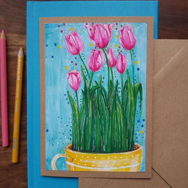 Pink tulips in a yellow cup - blank card from original artwork 