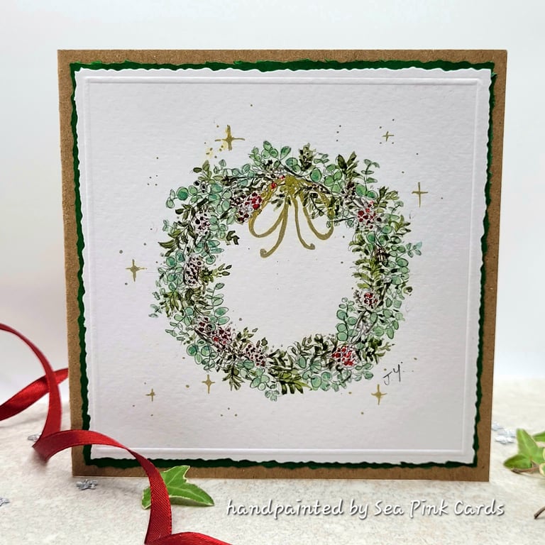 Christmas Card - original handpainted, eucalyptus wreath, blank, winter, berries