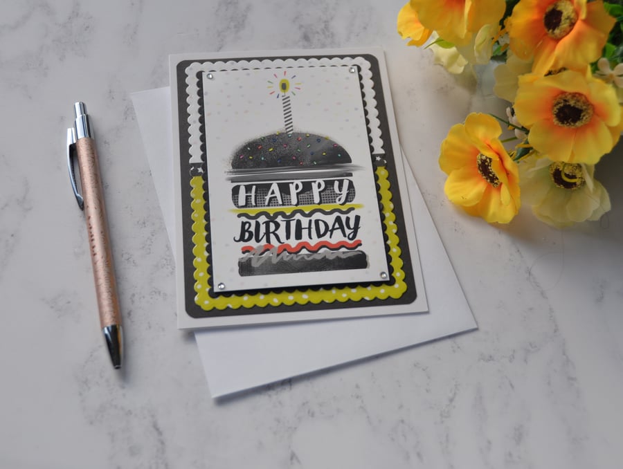 Happy Birthday Card Hamburger Cupcake Candle 3D Luxury Handmade Card