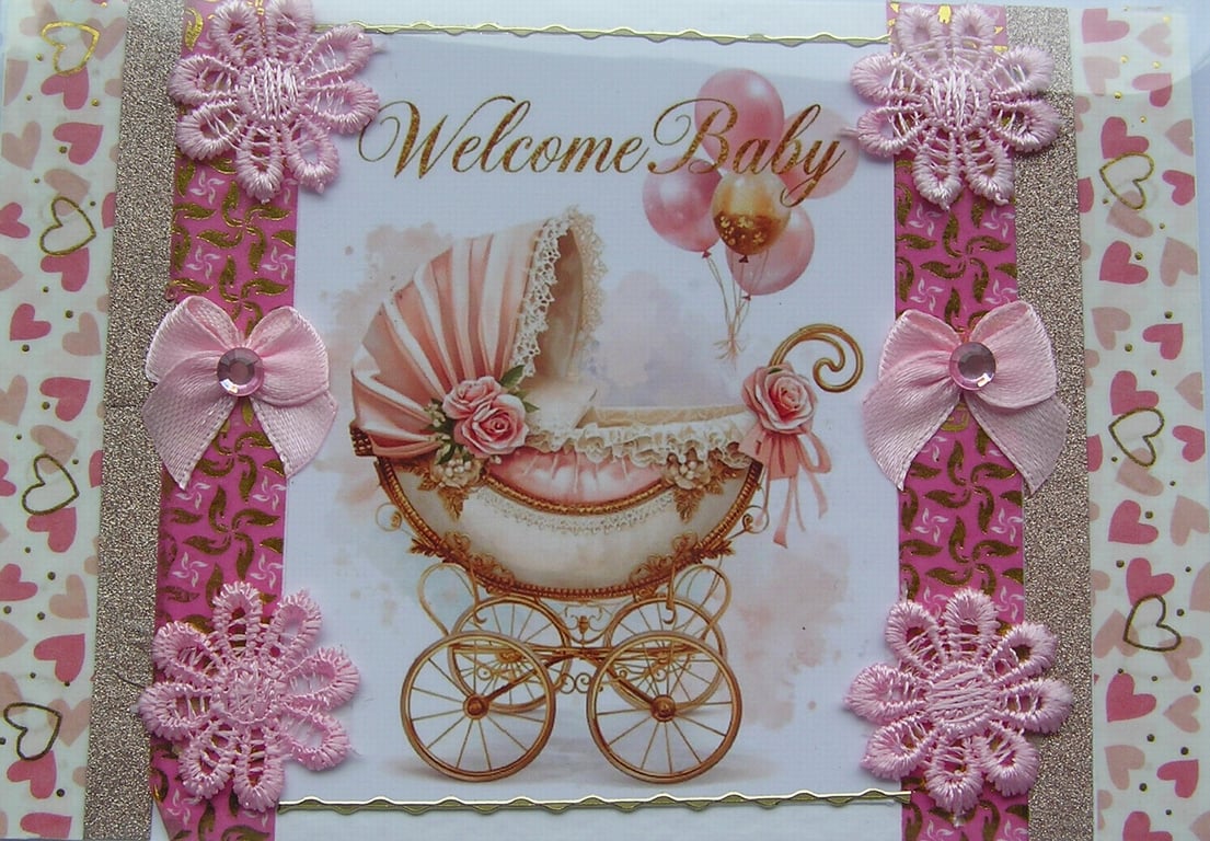 New Baby Girl - Hand Crafted 3D Decoupage Card - (3426)
