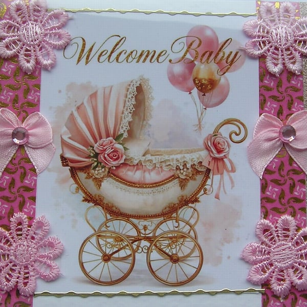 New Baby Girl - Hand Crafted 3D Decoupage Card - (3426)