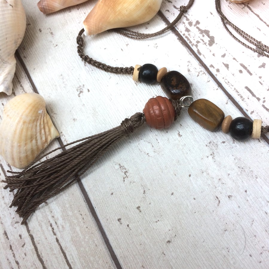 Tigers Eye Tassel Pendant Neckline 
