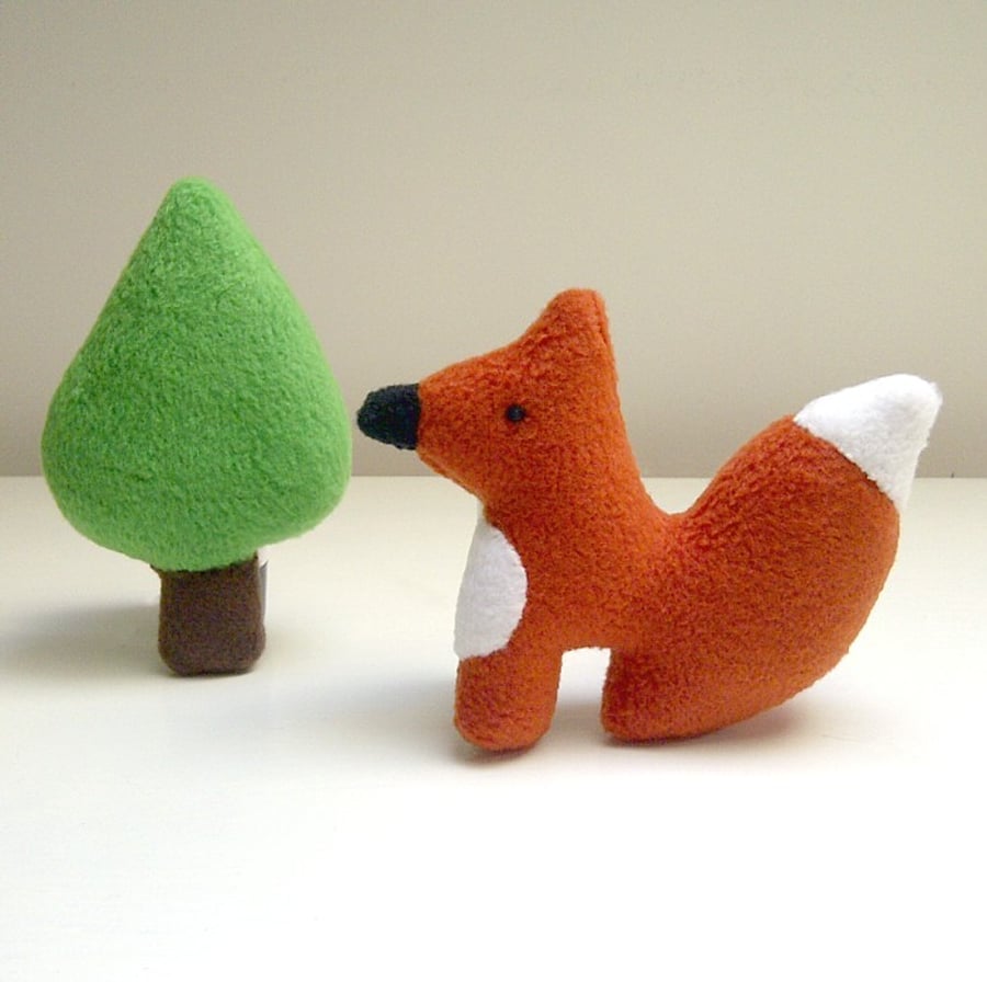 Little Fox and Tree Soft Toy Set, Fleece Fox Woodland Animal Toy Playset