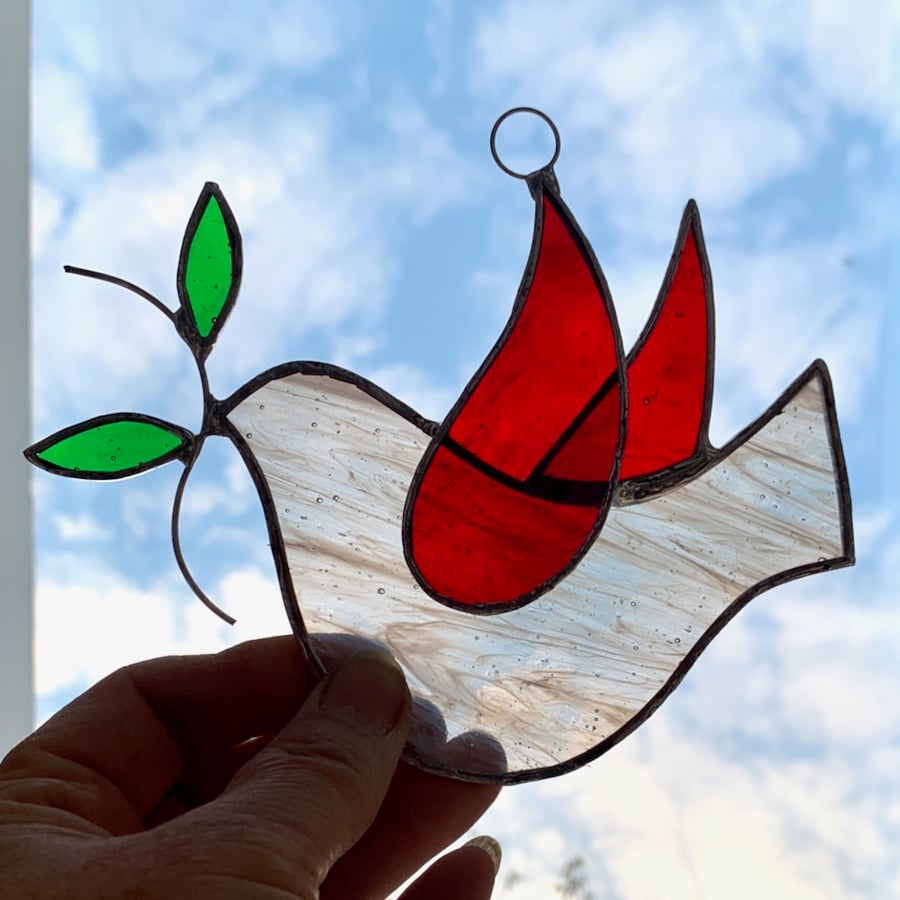 Stained Glass Dove Suncatcher - Hand Made Hanging Decoration - White and Red