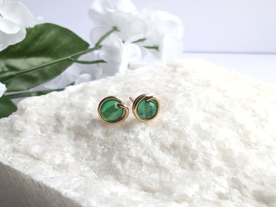 GREEN ONYX Stud Earrings Sterling Silver or 14K Gold Filled July Birthstone