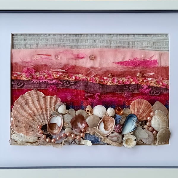 Pink Sunset Seascape 3D Framed Artwork made with recycled materials