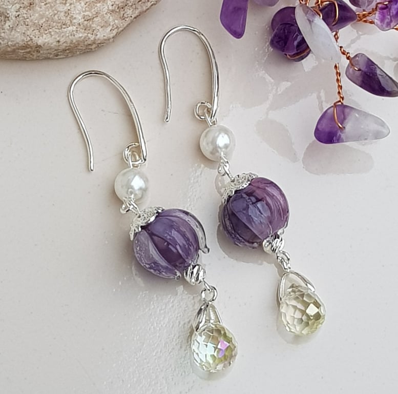 Lampwork glass flower earrings, silver plated drop earrings