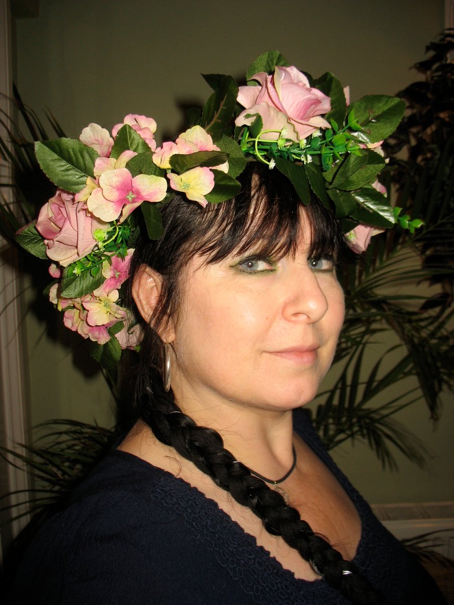 Opulent large pink rose and hydrangea headdress headband