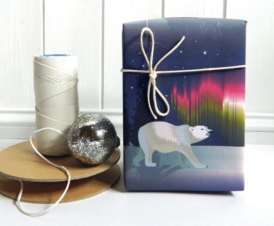 Polar Bear and Northern Lights Christmas Gift Wrap - Eco Friendly, Compostable