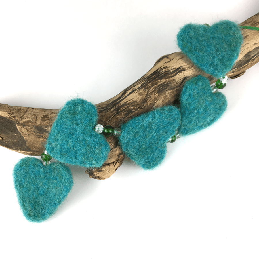 Needle felted hanging hearts, sea green