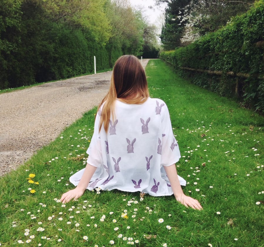 Hand Printed hares on a cotton cover up