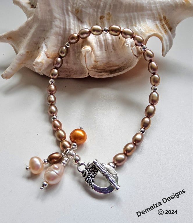 Champagne Rice Freshwater Pearl Charm Bracelet 