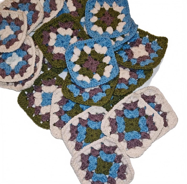 Handmade Crochet Granny Squares - Sage Sea Serenity Palette, 3-Inch Quilt Blocks