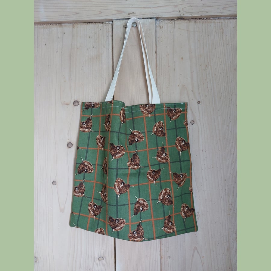 Small Highland Cow Tartan Tote Bag Cotton 31 cm x 31 cm 