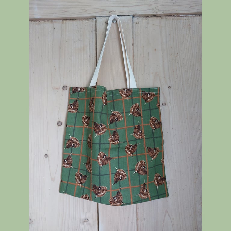 Small Highland Cow Tartan Tote Bag Cotton 31 cm x 31 cm 