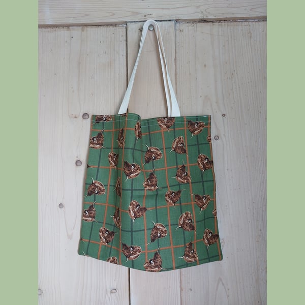 Small Highland Cow Tartan Tote Bag Cotton 31 cm x 31 cm 