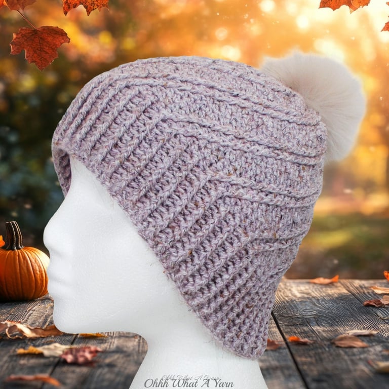 Crochet hat, beanie. Oatmeal, brown marl ladies swirl pom pom hat. Ladies hat.