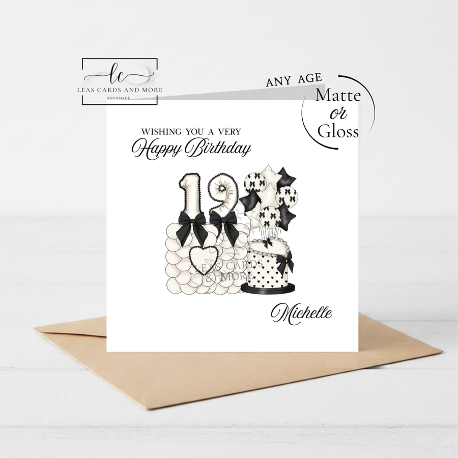 Cream & Black Bow Age Balloon Happy Birthday Card