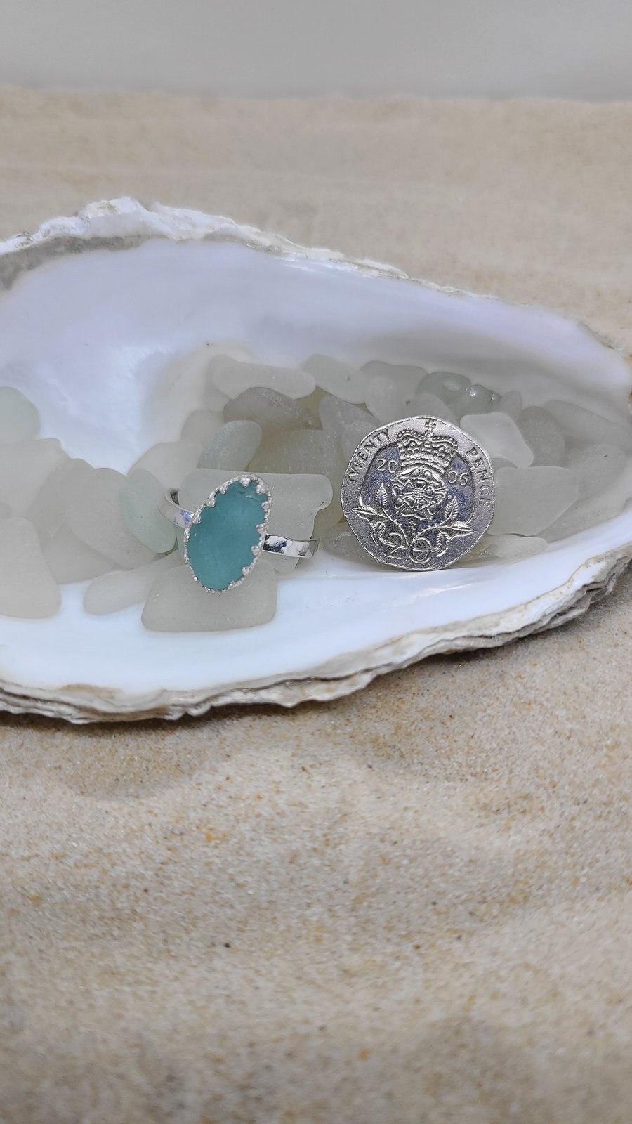 Light teal blue sea glass and silver hammered ring gift for her SG30