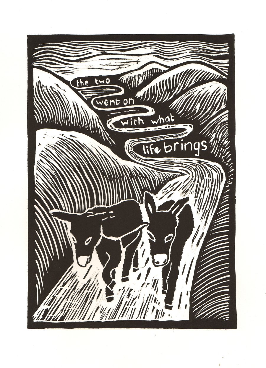 The Two Donkeys, lino-print